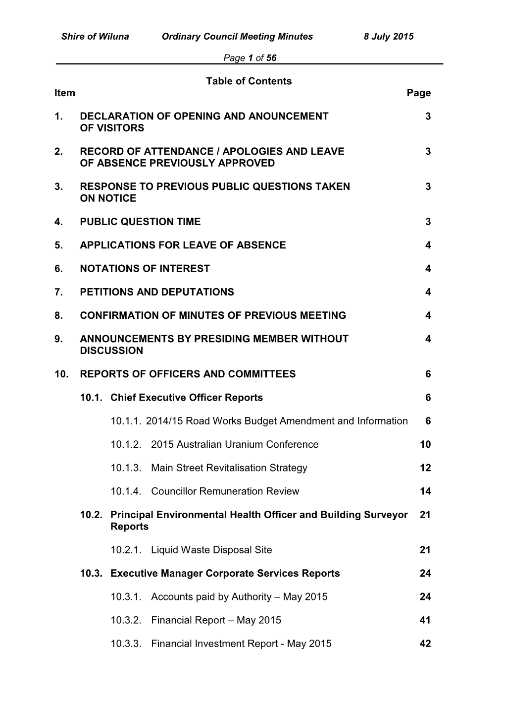 Table of Contents Item Page