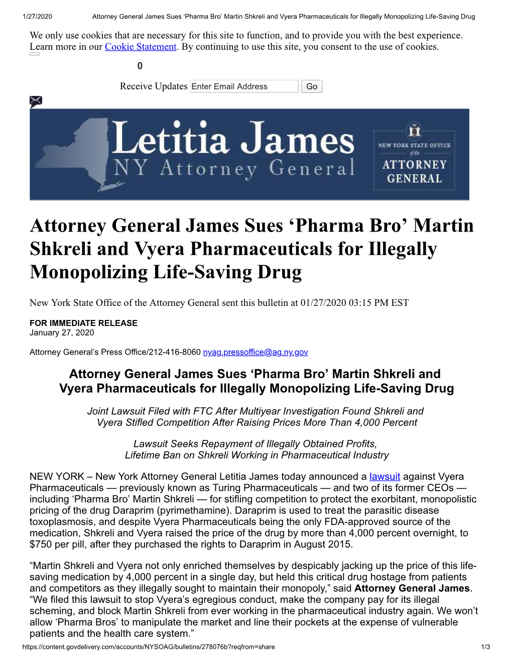 Attorney General James Sues 'Pharma Bro' Martin Shkreli And