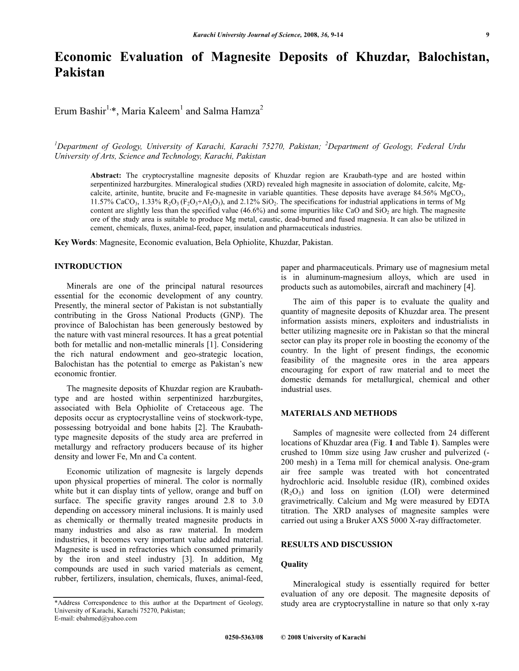 Economic Evaluation of Magnesite Deposits of Khuzdar, Balochistan, Pakistan