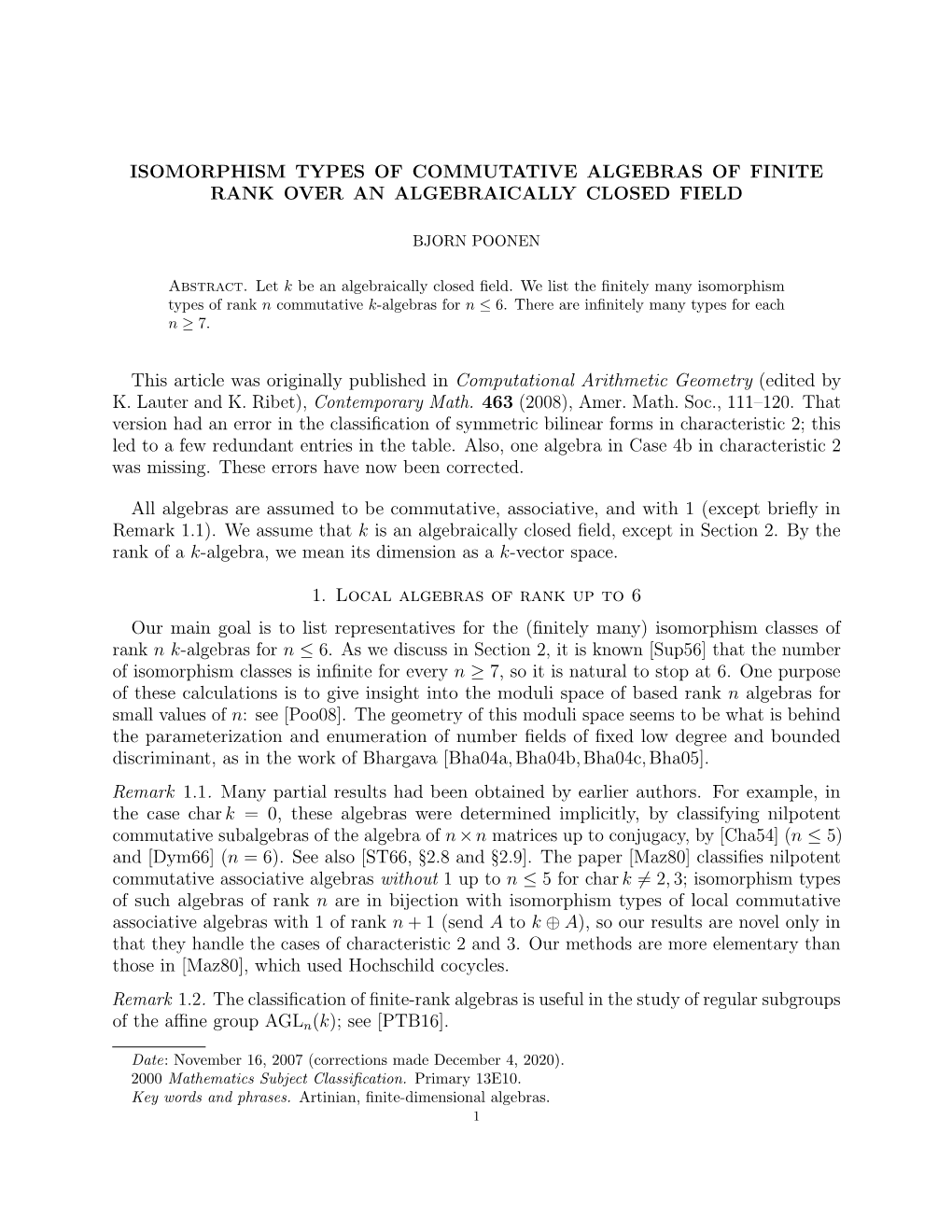 Isomorphism Types of Algebras