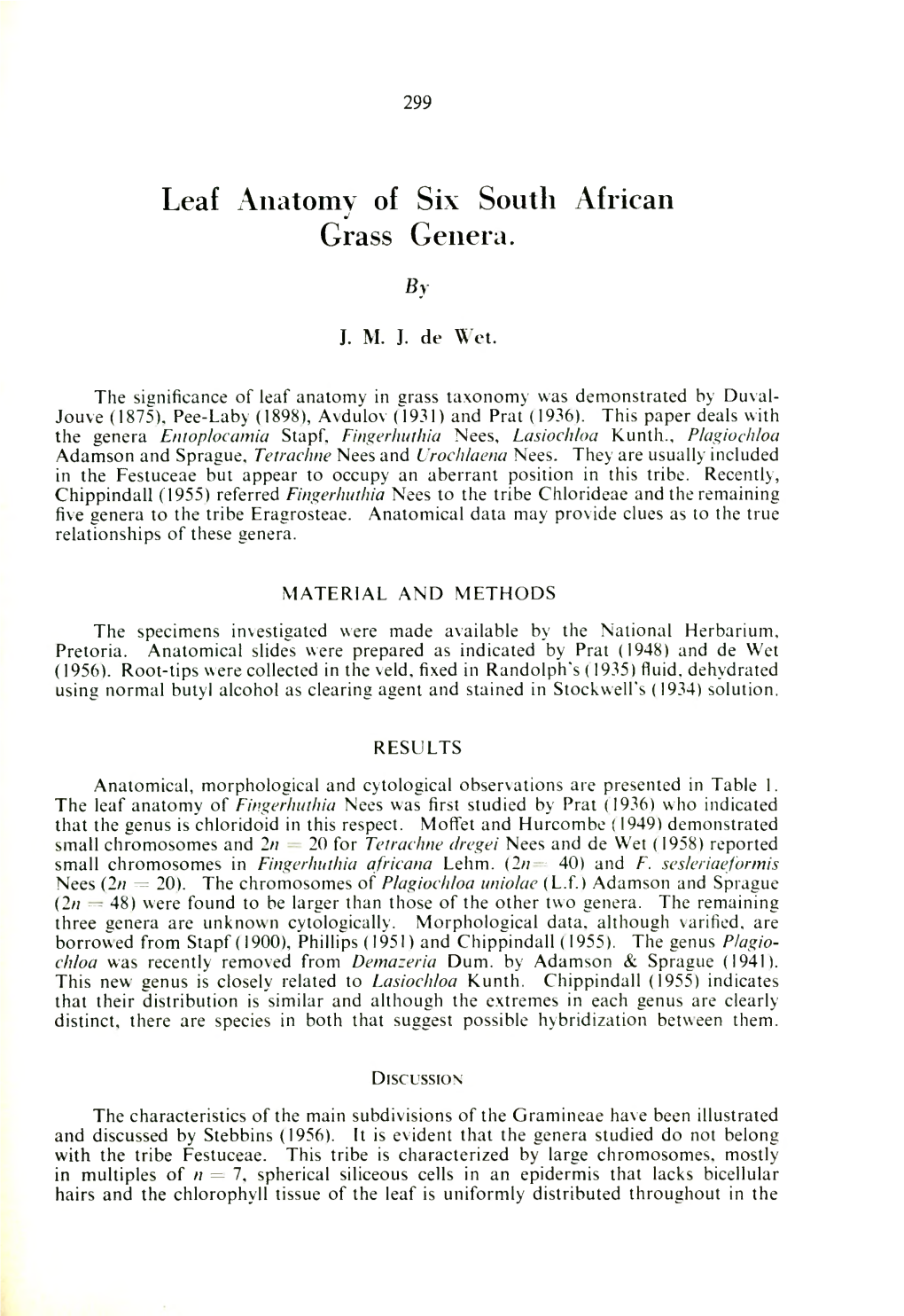 Leaf Anatomy of Six South African Grass Genera