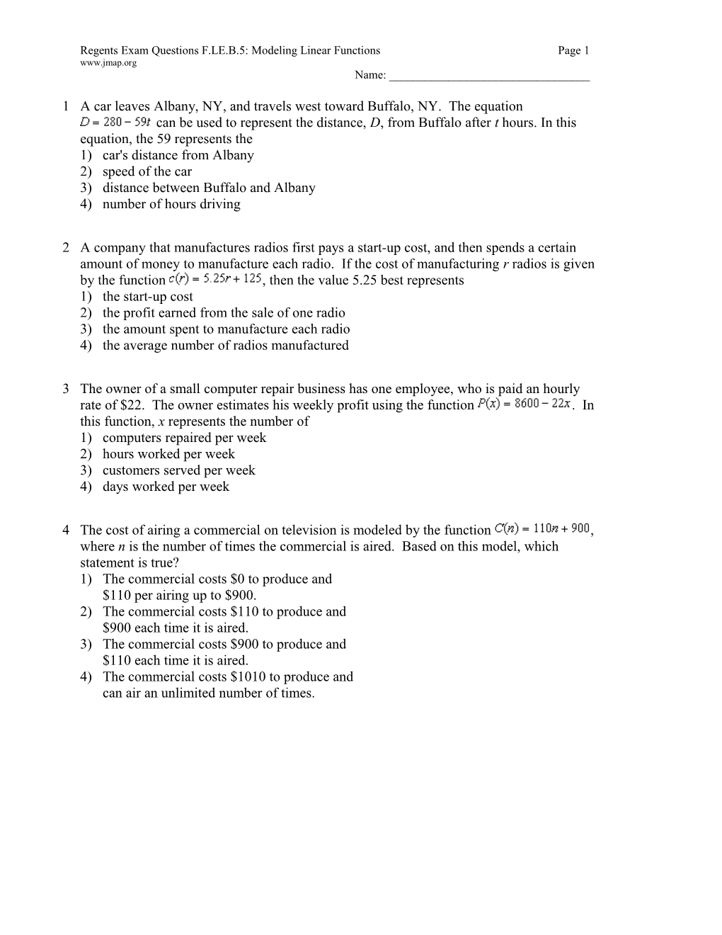 Regents Exam Questions F.LE.B.5: Modeling Linear Functions Page 2