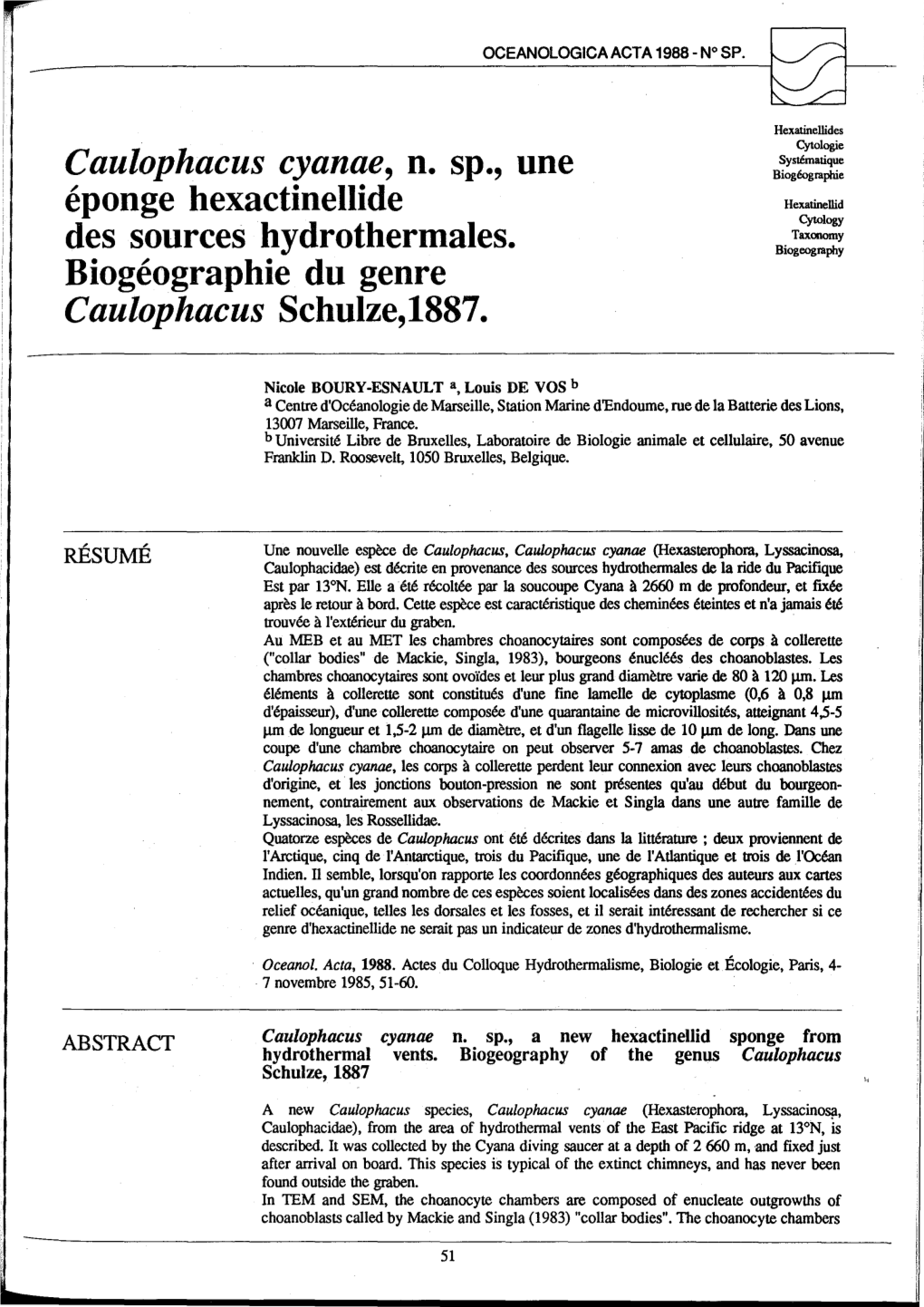 Des Sources Hydrothermales. Biogéographie Du Genre Caulophacus Schulze,1887