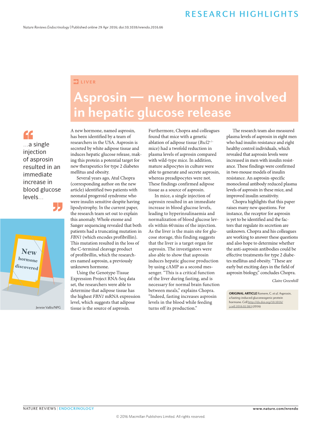 Asprosin — New Hormone Involved in Hepatic Glucose Release