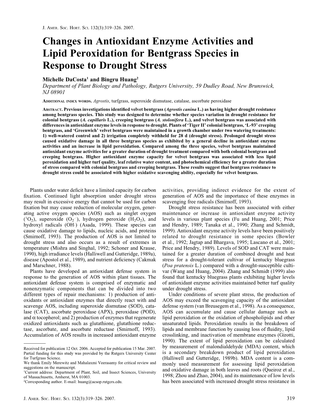 Changes in Antioxidant Enzyme Activities and Lipid Peroxidation for Bentgrass Species in Response to Drought Stress