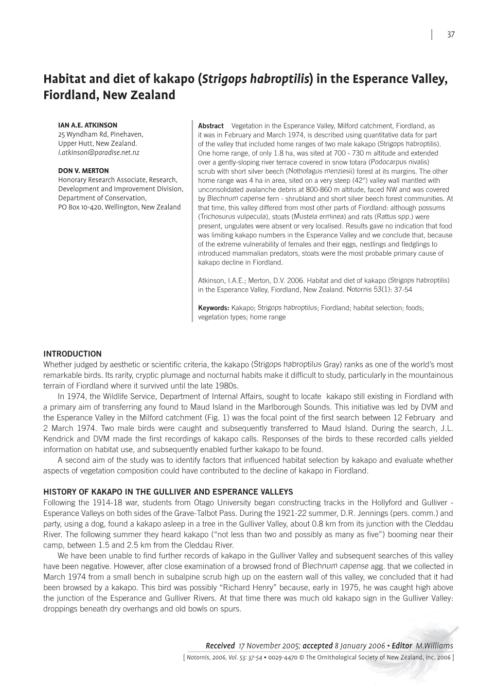 Habitat and Diet of Kakapo (Strigops Habroptilis) in the Esperance Valley, Fiordland, New Zealand