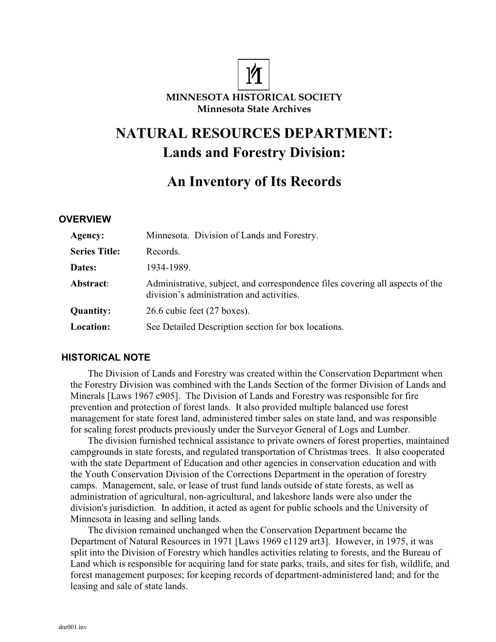 Lands and Forestry Division: an Inventory of Its Records