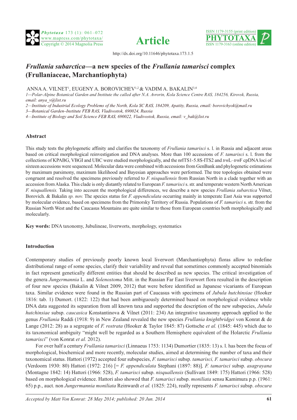 Frullania Subarctica—A New Species of the Frullania Tamarisci Complex (Frullaniaceae, Marchantiophyta)