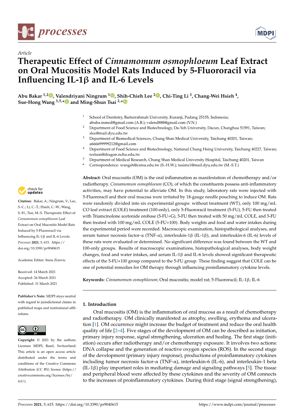 Therapeutic Effect of Cinnamomum Osmophloeum Leaf Extract on Oral Mucositis Model Rats Induced by 5-Fluororacil Via Inﬂuencing IL-1Β and IL-6 Levels