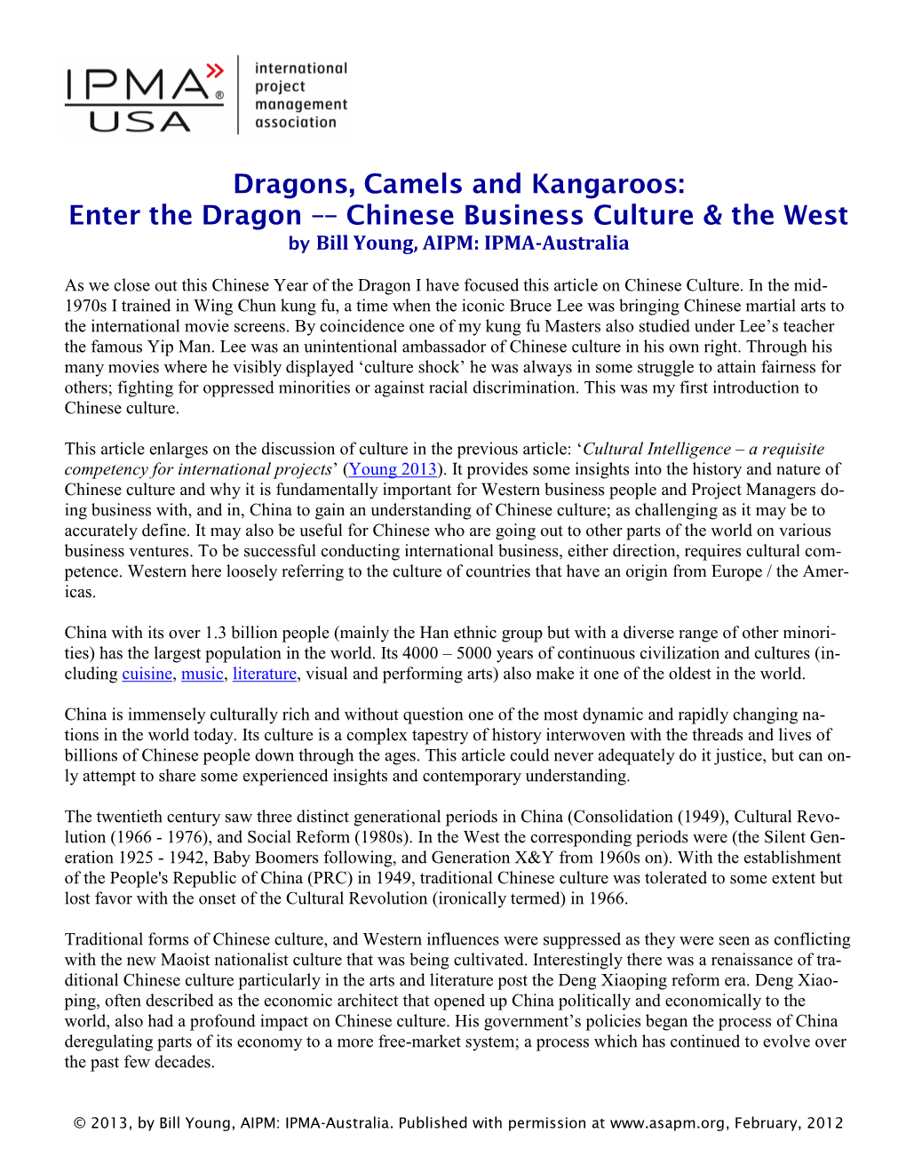 Dragons, Camels and Kangaroos: Enter the Dragon –– Chinese Business Culture & the West by Bill Young, AIPM: IPMA-Australia