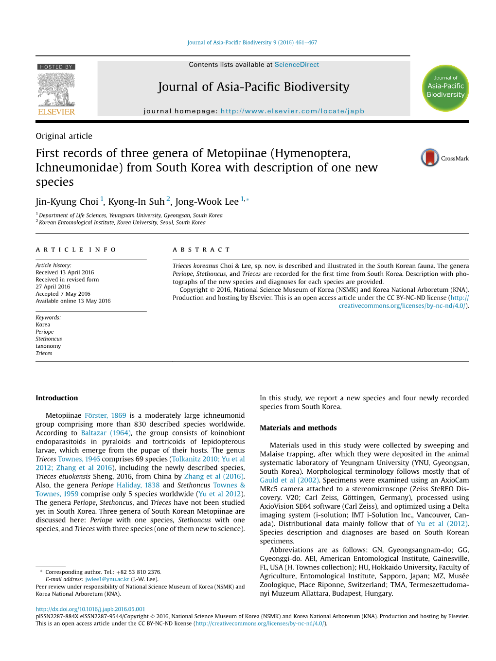 First Records of Three Genera of Metopiinae (Hymenoptera, Ichneumonidae) from South Korea with Description of One New Species