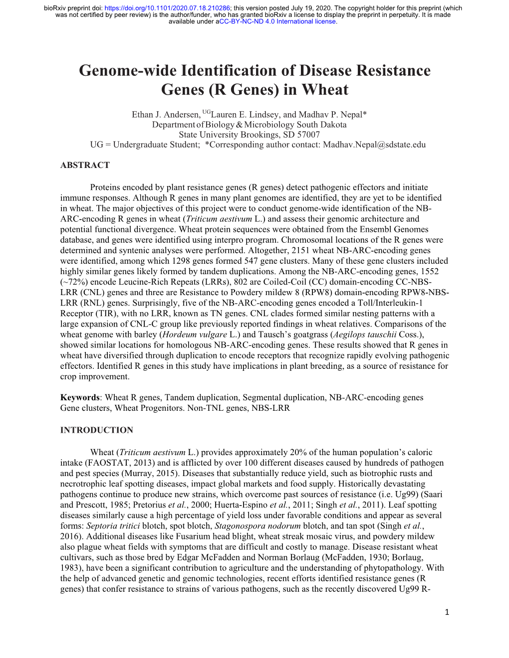 Genome-Wide Identification of Disease Resistance Genes (R Genes) in Wheat