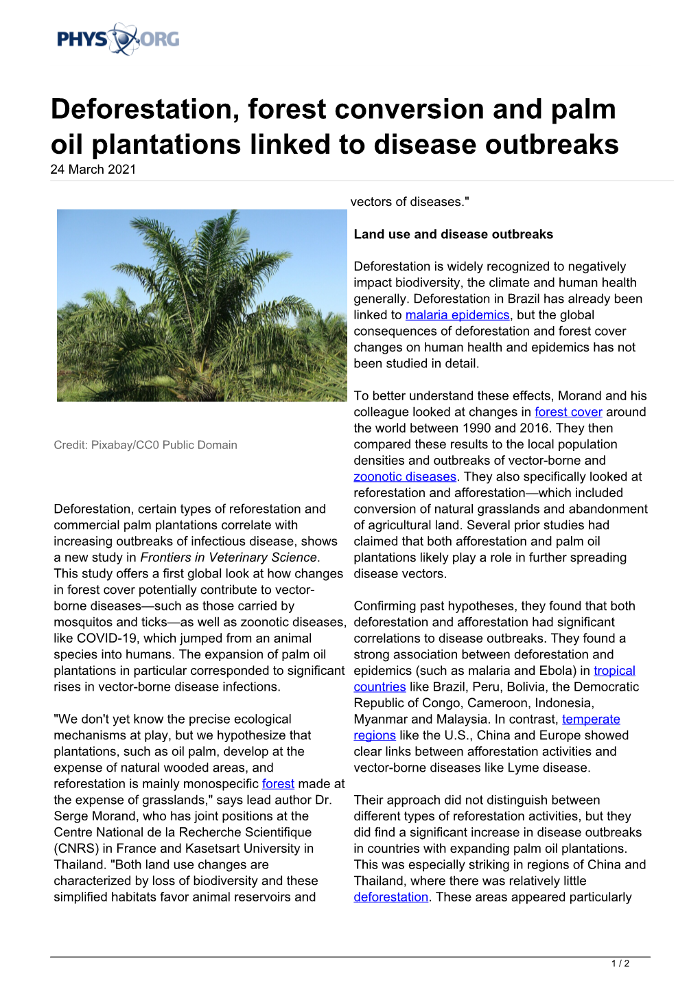 Deforestation, Forest Conversion and Palm Oil Plantations Linked to Disease Outbreaks 24 March 2021