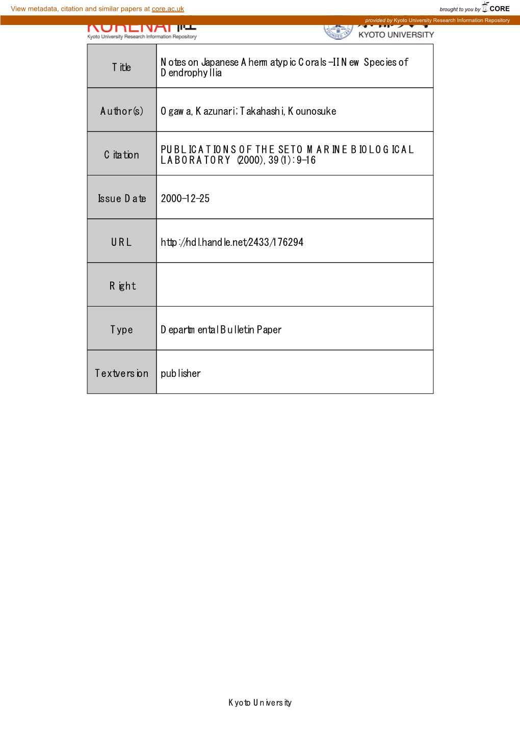 Title Notes on Japanese Ahermatypic Corals