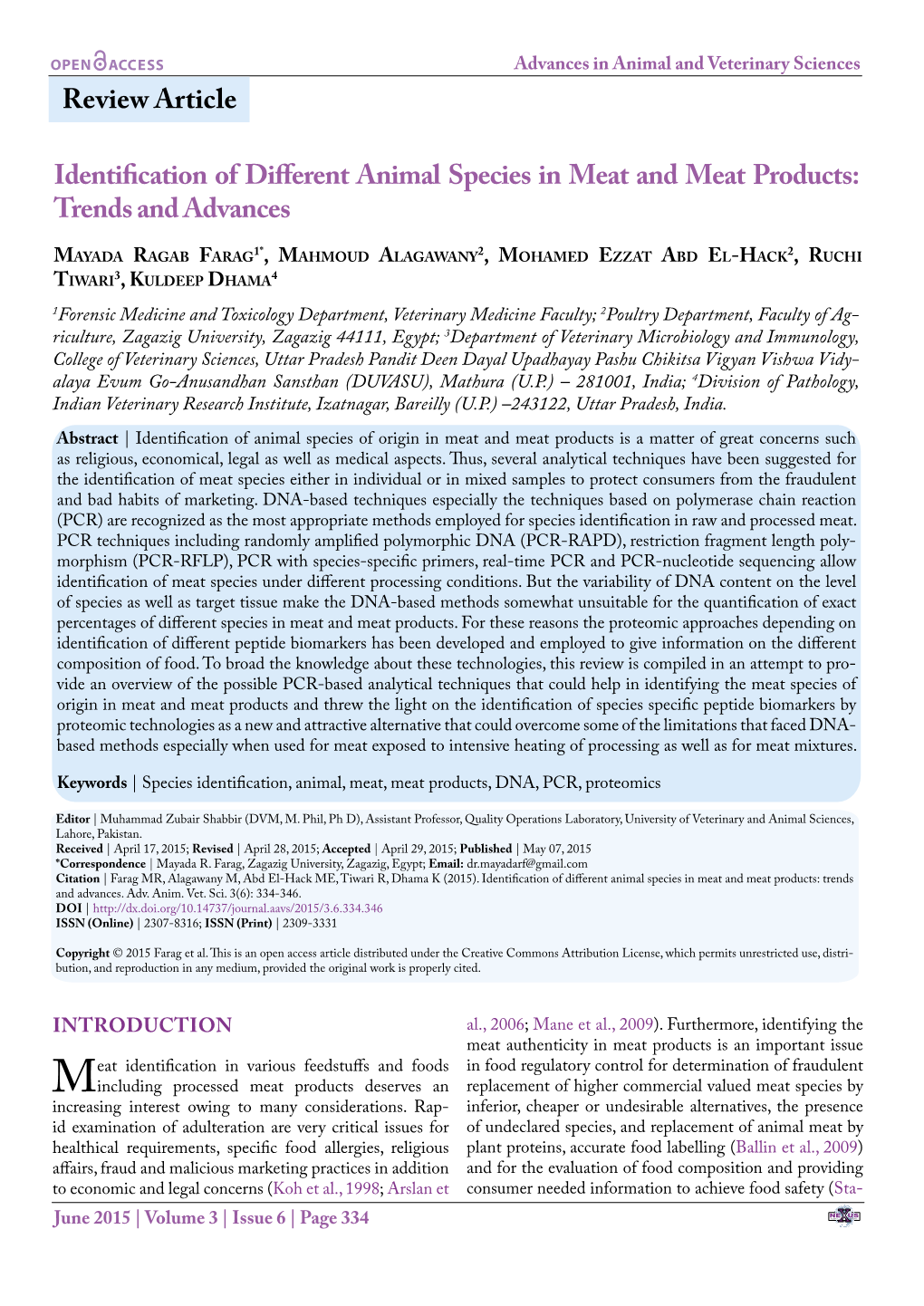 Identification of Different Animal Species in Meat and Meat Products: Trends and Advances