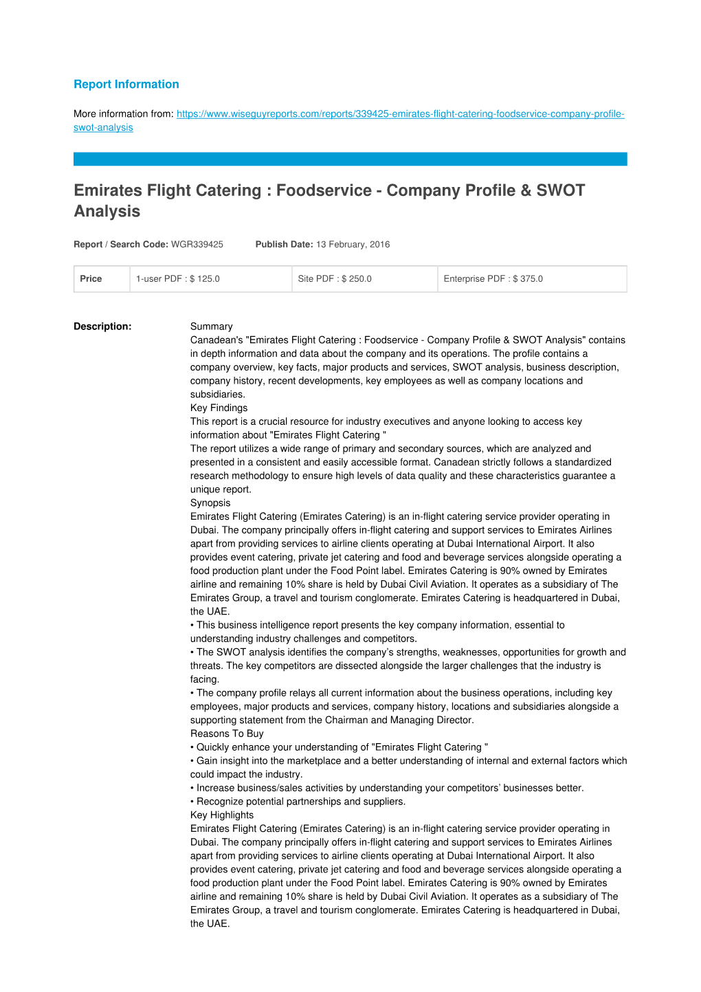 Emirates Flight Catering : Foodservice - Company Profile & SWOT Analysis