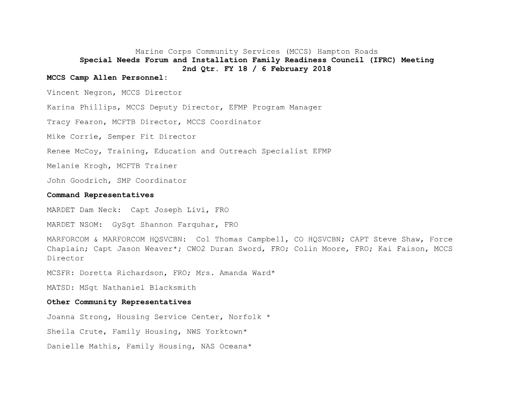 Marine Corps Community Services (MCCS) Hampton Roads Special Needs Forum and Installation Family Readiness Council (IFRC) Meeting 2Nd Qtr