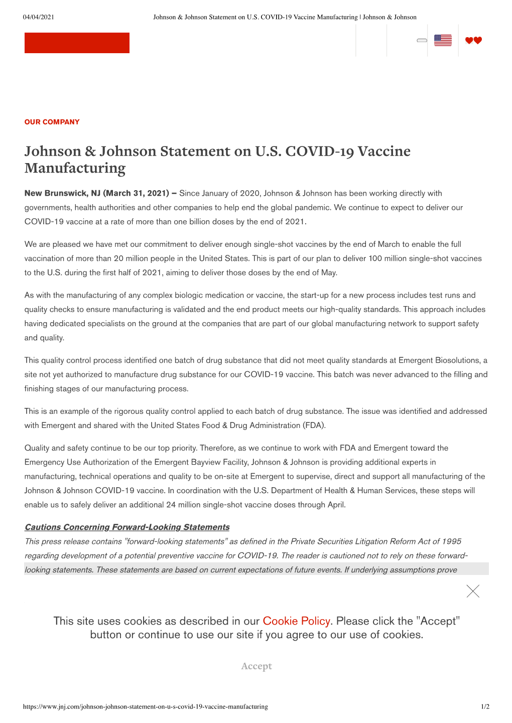 Johnson & Johnson Statement on U.S. COVID-19 Vaccine Manufacturing