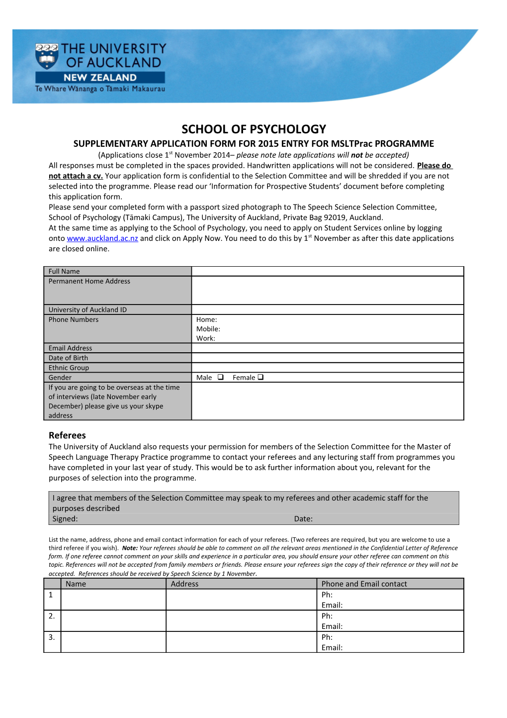 Msltprac Supplementary Application Form 2015