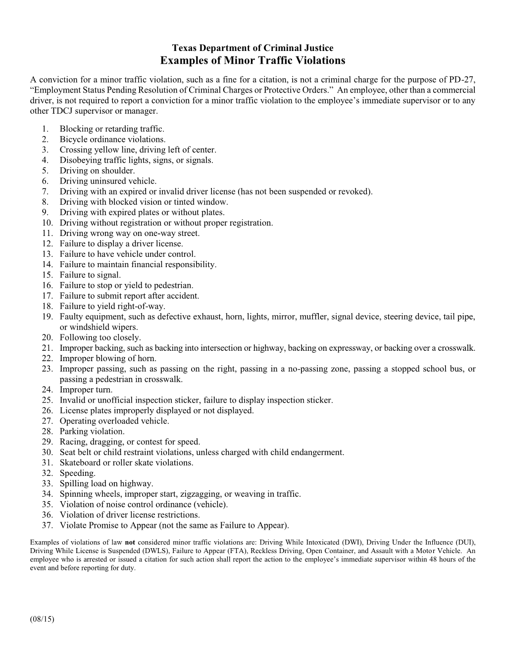 Examples of Minor Traffic Violations