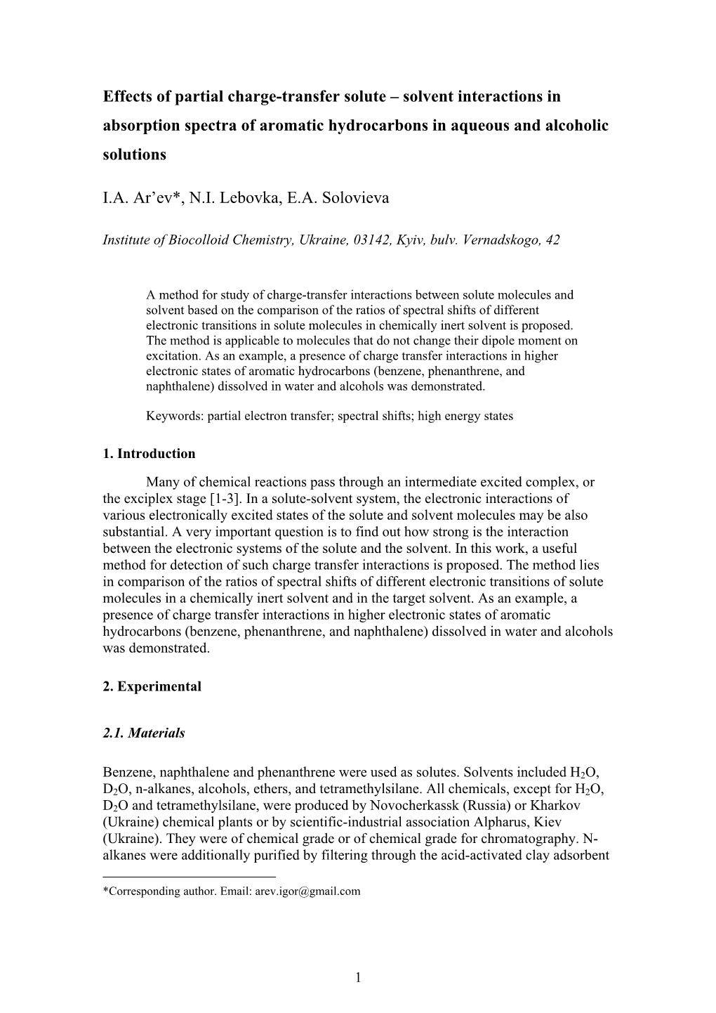 Effects of Partial Charge-Transfer Solute – Solvent Interactions in Absorption Spectra of Aromatic Hydrocarbons in Aqueous and Alcoholic Solutions