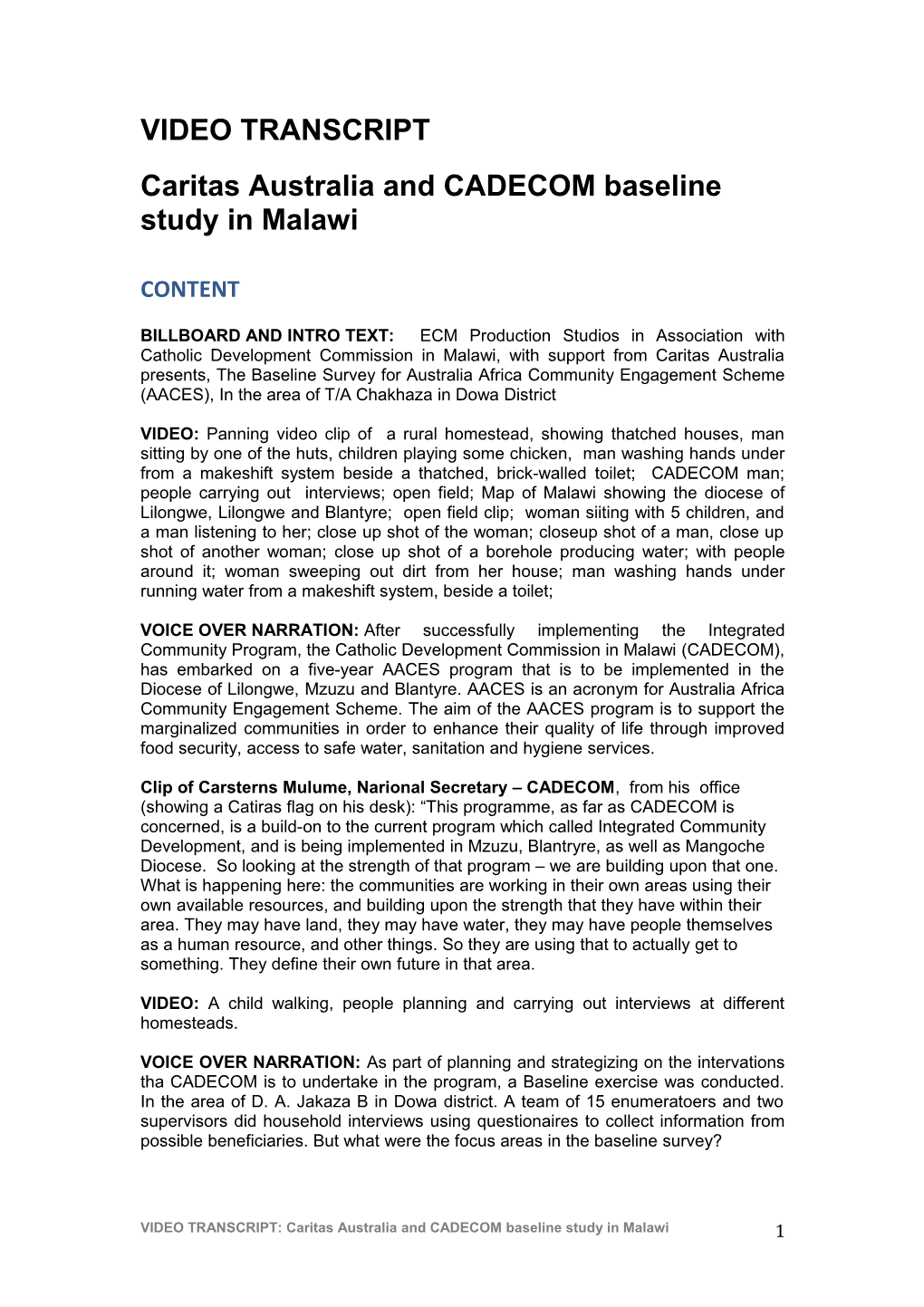 Caritas Australia and CADECOM Baseline Study in Malawi