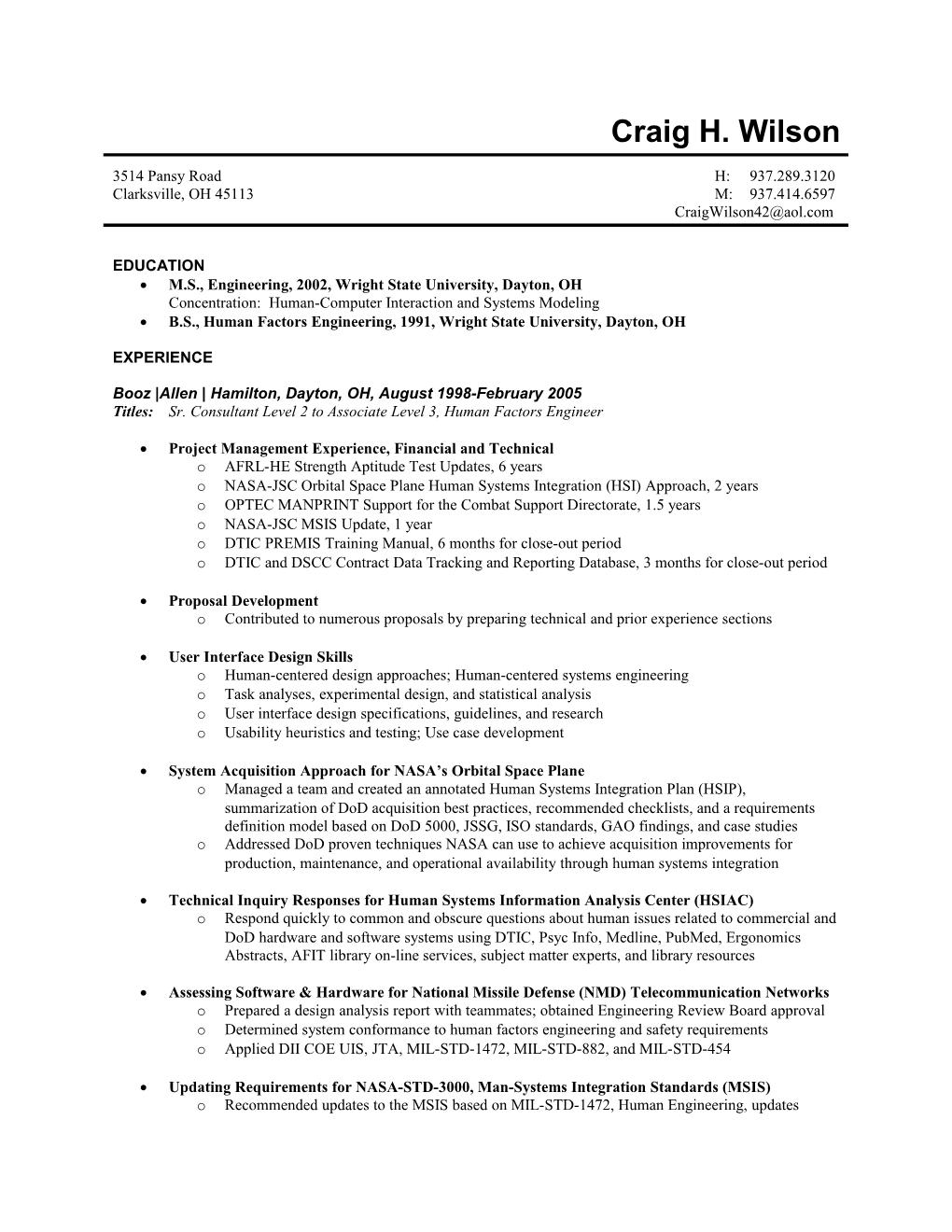 Resume for Craig H. Wilson