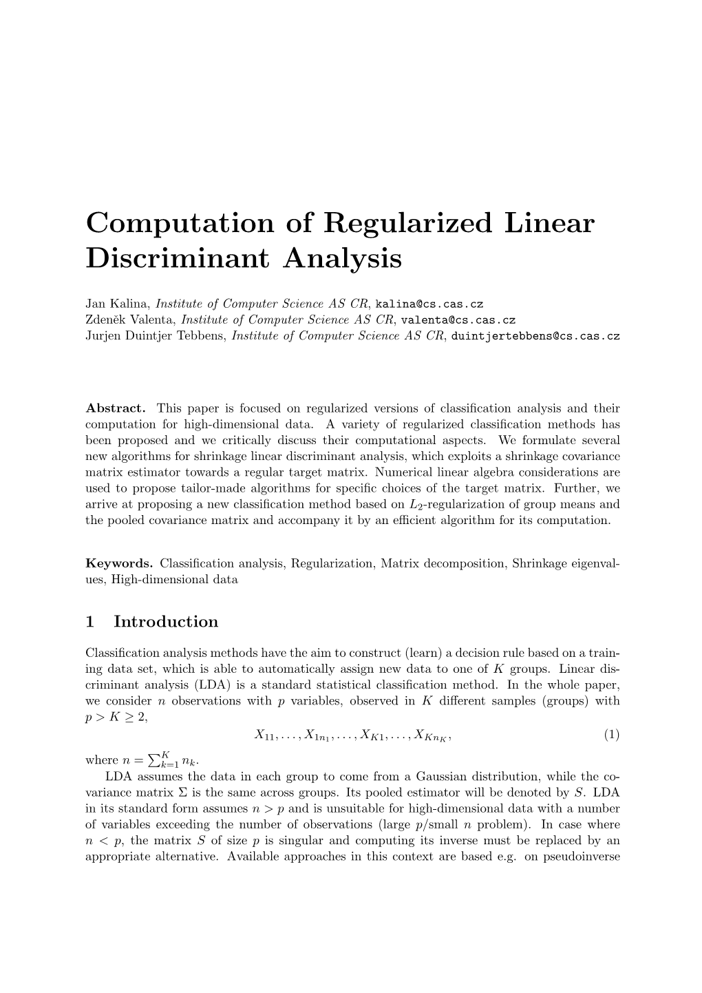 Computation of Regularized Linear Discriminant Analysis