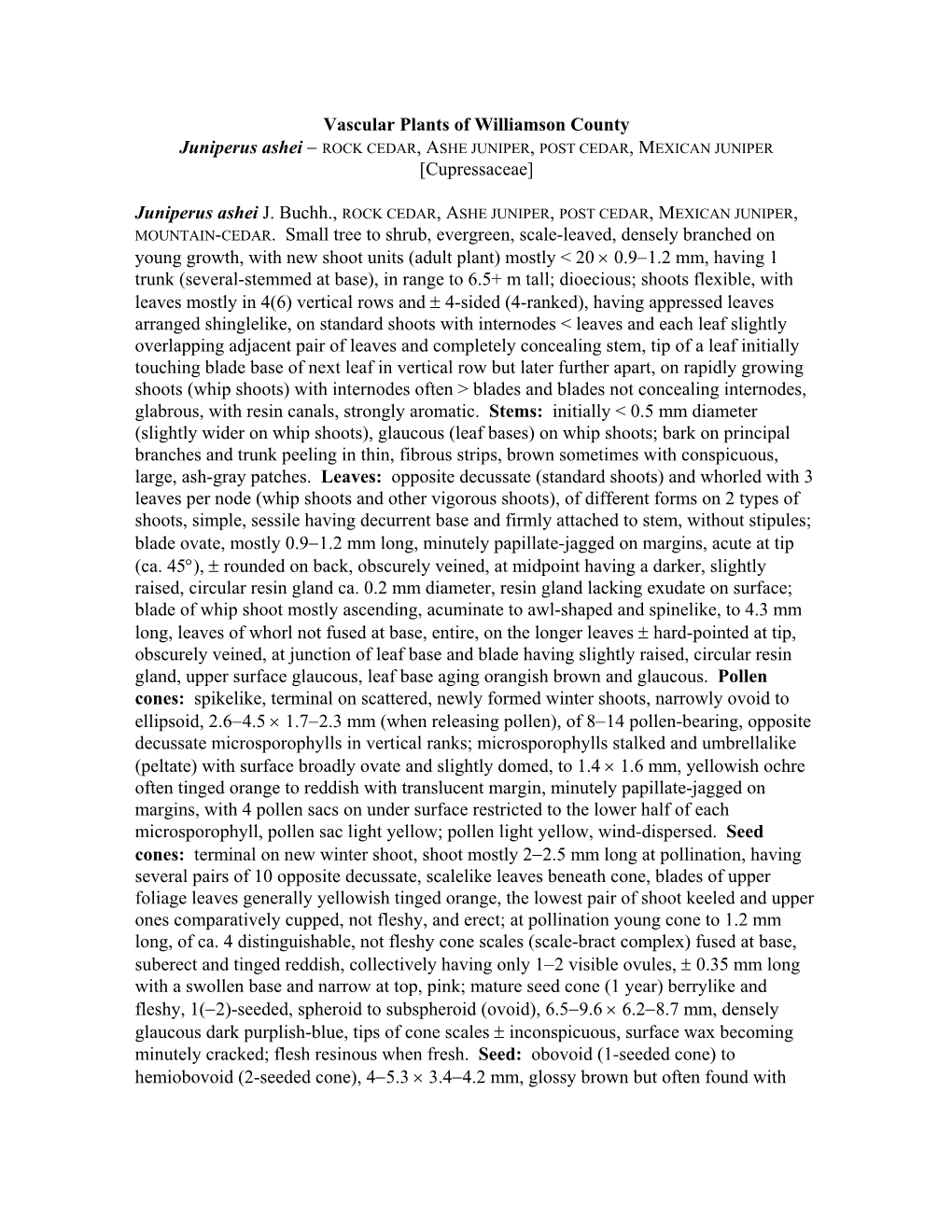 Vascular Plants of Williamson County Juniperus Ashei − ROCK CEDAR, ASHE JUNIPER, POST CEDAR, MEXICAN JUNIPER [Cupressaceae]