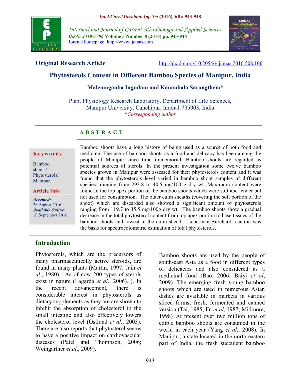 Phytosterols Content in Different Bamboo Species of Manipur, India