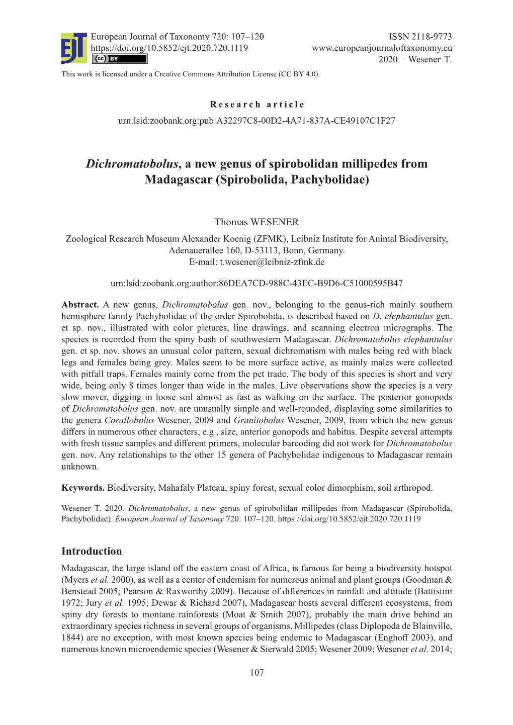 Dichromatobolus, a New Genus of Spirobolidan Millipedes from Madagascar (Spirobolida, Pachybolidae)