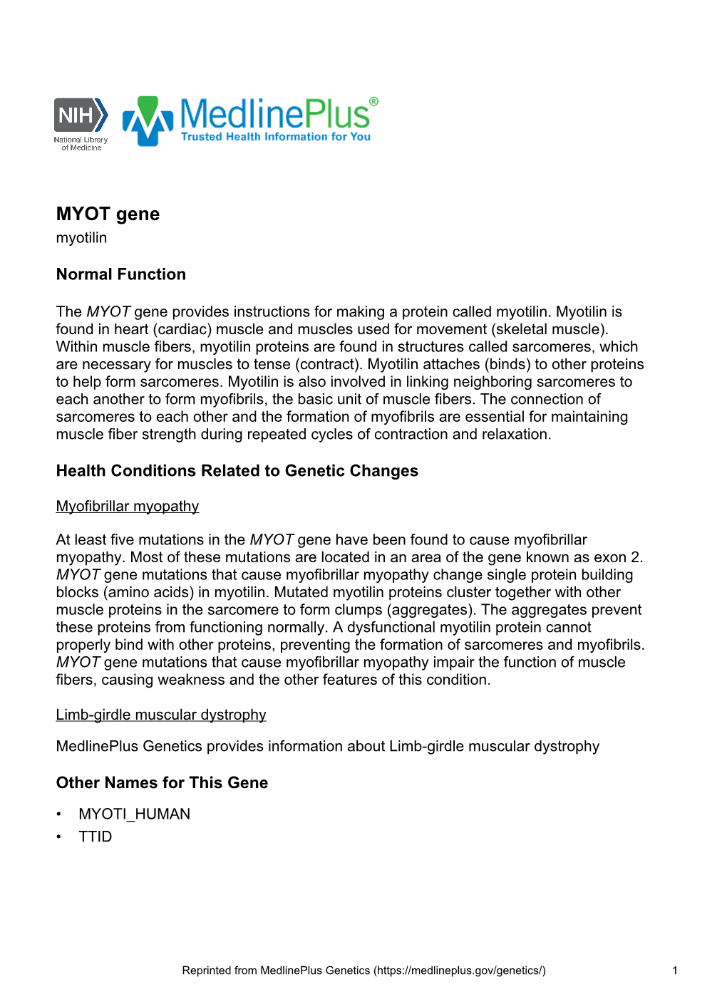 MYOT Gene Myotilin