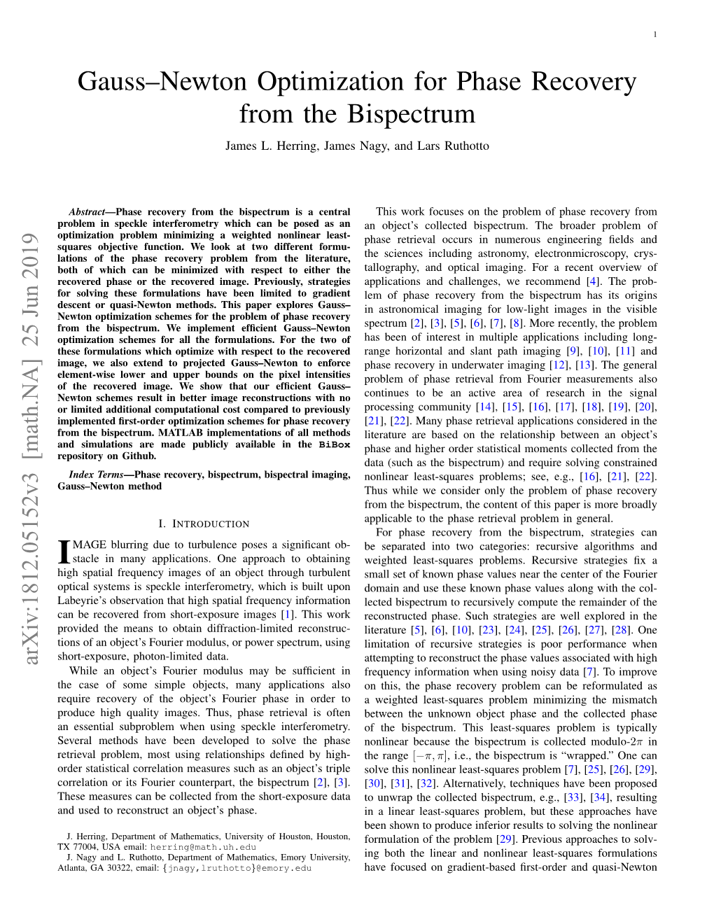 Gauss–Newton Optimization for Phase Recovery from the Bispectrum James L