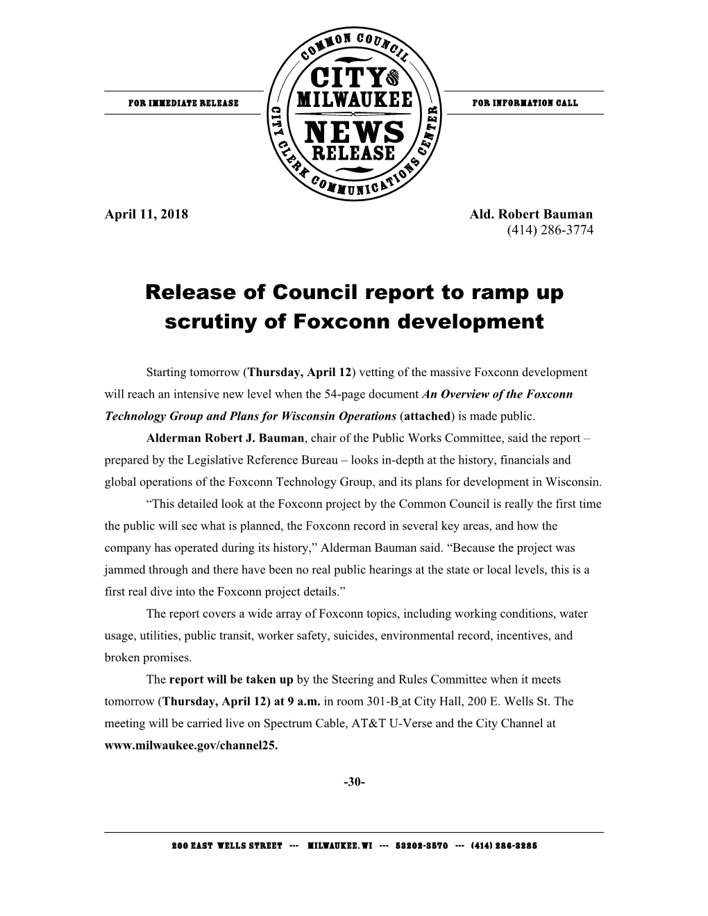 Release of Council Report to Ramp up Scrutiny of Foxconn Development