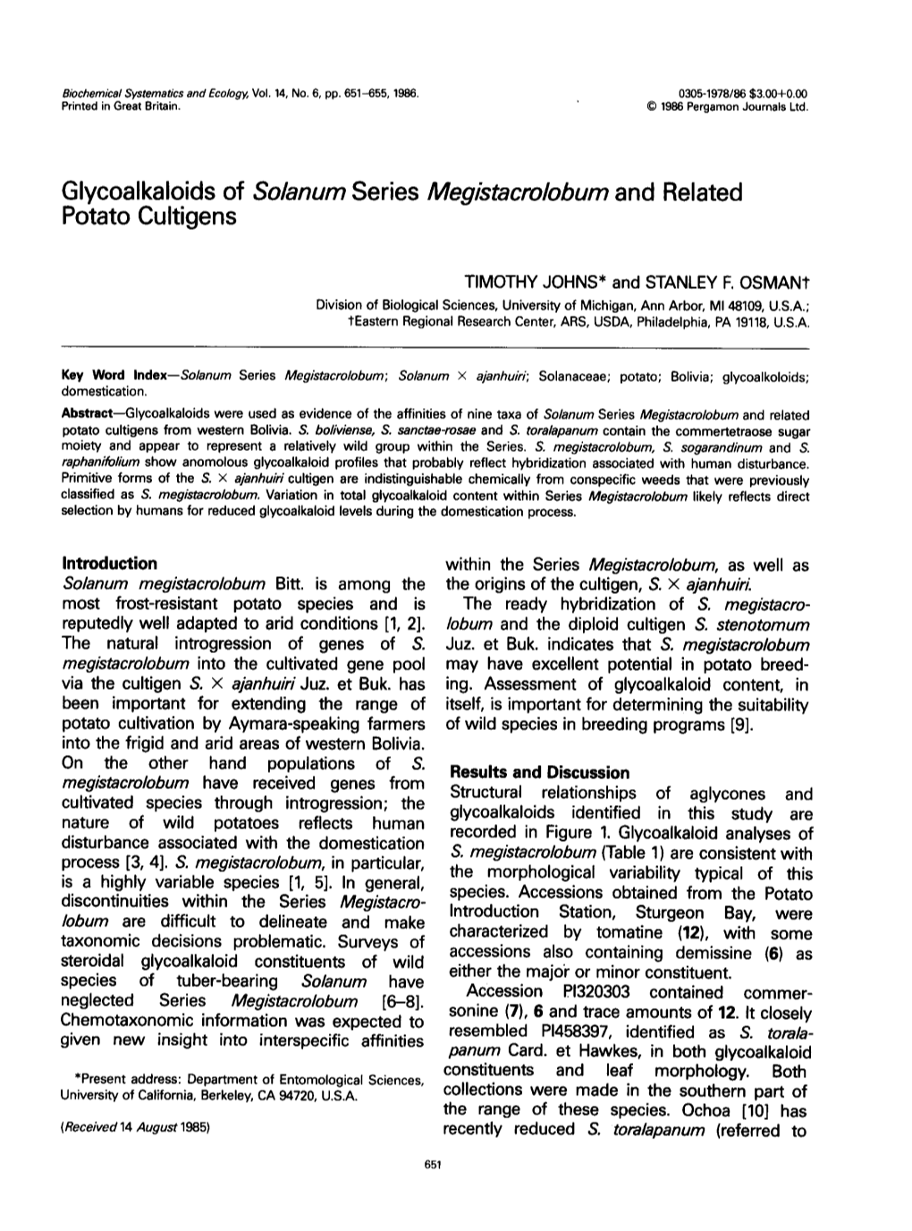 Glycoalkaloids of Solanum Series Megistacrolobum and Related