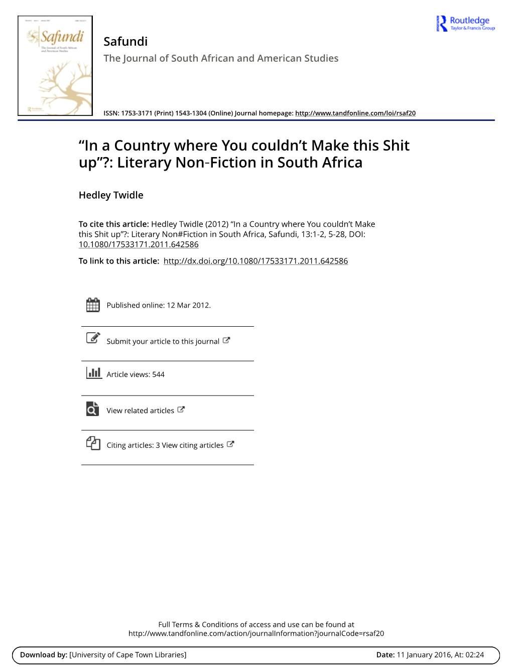 Literary Non‐Fiction in South Africa