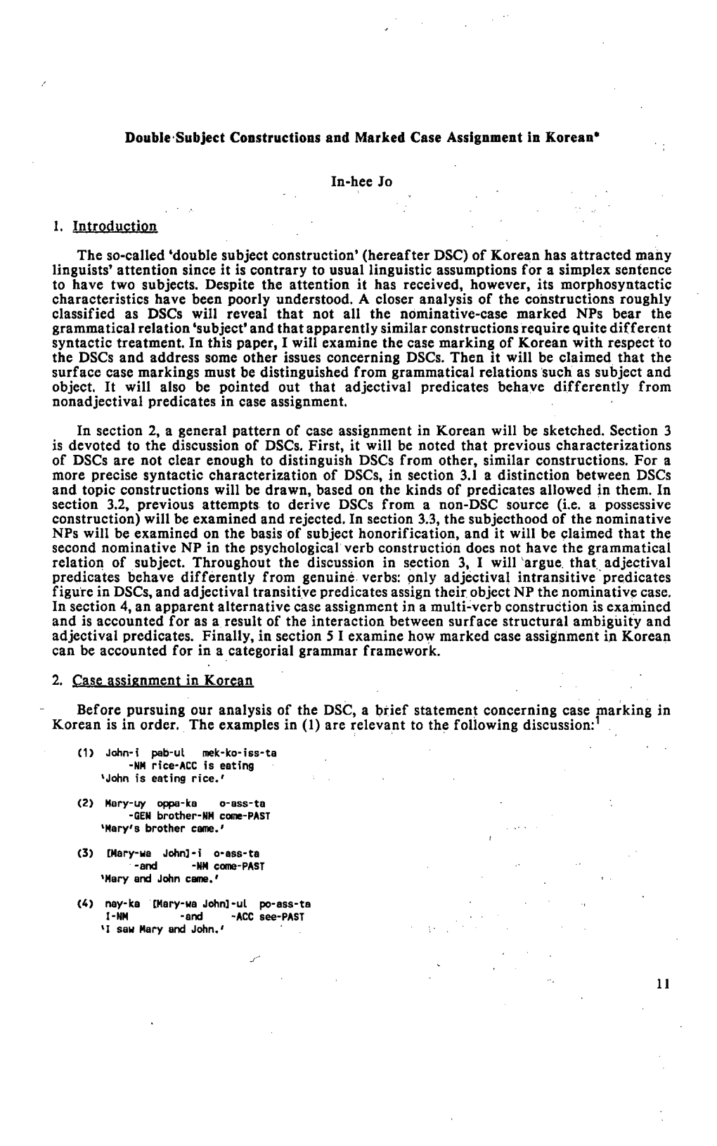 Double·Subject Constructions and Marked Case Assignment in Korean•