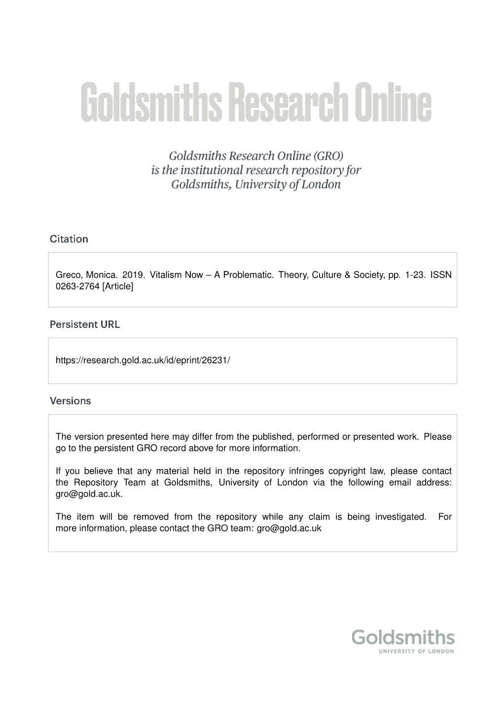 Greco, Monica. 2019. Vitalism Now – a Problematic. Theory, Culture & Society, Pp