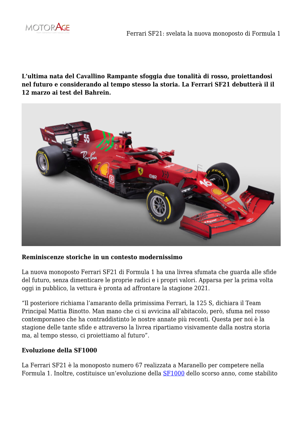Ferrari SF21: Svelata La Nuova Monoposto Di Formula 1