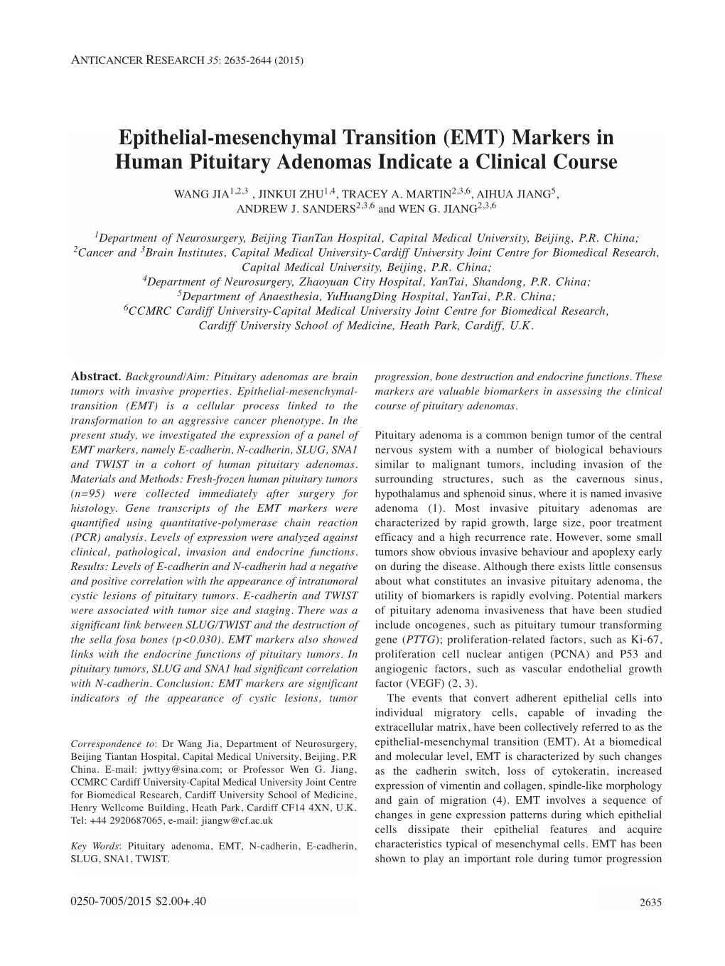 Epithelial-Mesenchymal Transition (EMT) Markers in Human Pituitary Adenomas Indicate a Clinical Course