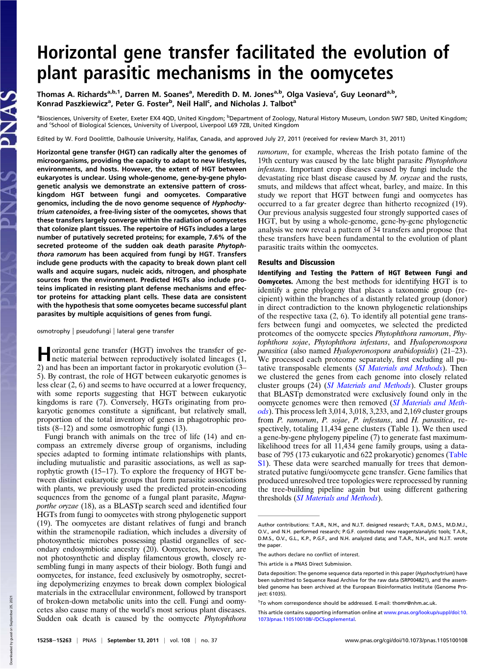 Horizontal Gene Transfer Facilitated the Evolution of Plant Parasitic Mechanisms in the Oomycetes