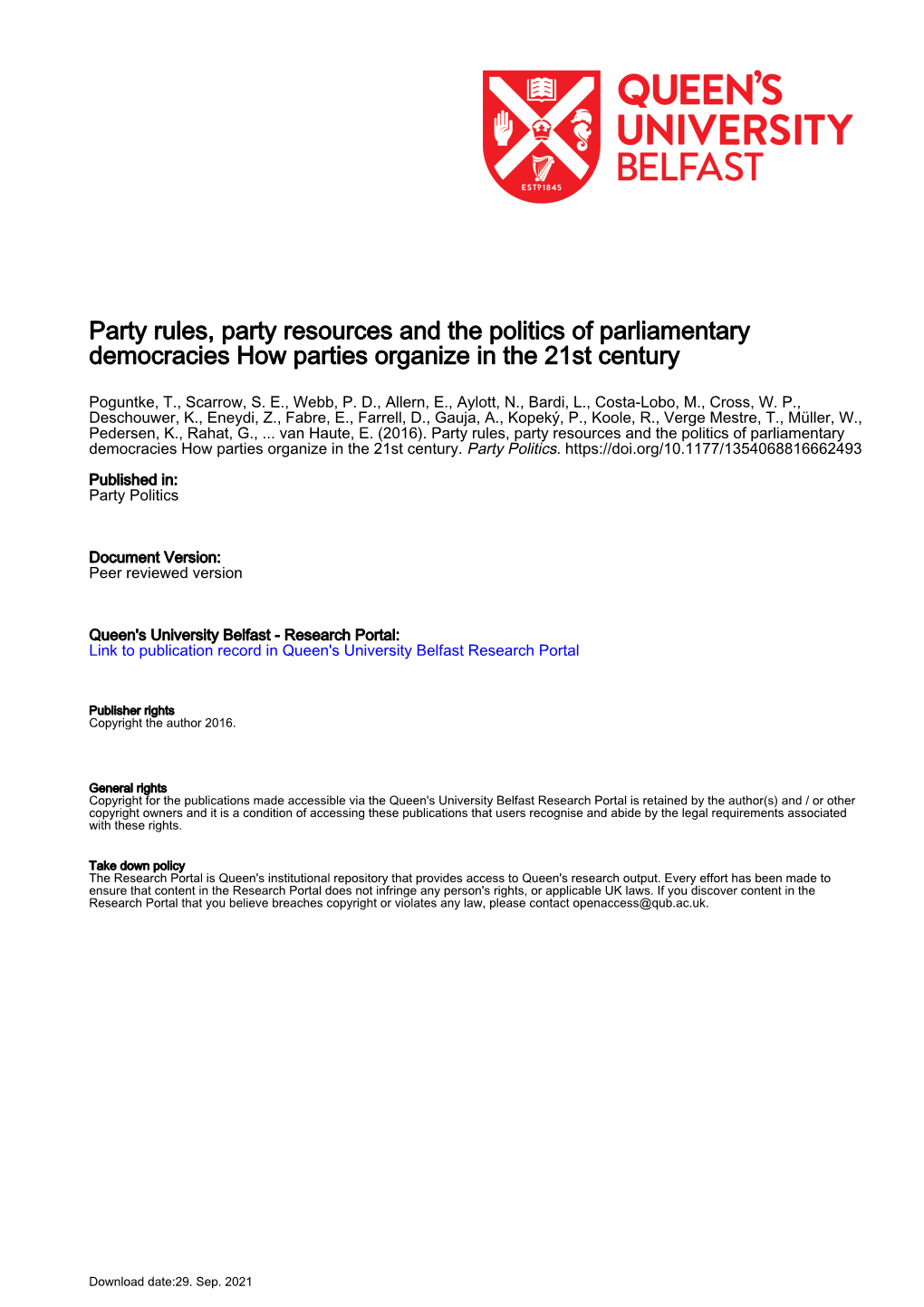 Party Rules, Party Resources and the Politics of Parliamentary Democracies How Parties Organize in the 21St Century