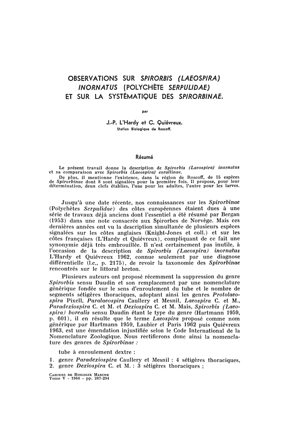 Observations Sur Spirorbis (Laeospira) Inornatus (Polychète Serpulidae) Et Sur La Systématique Des Spiro Rbi Nae