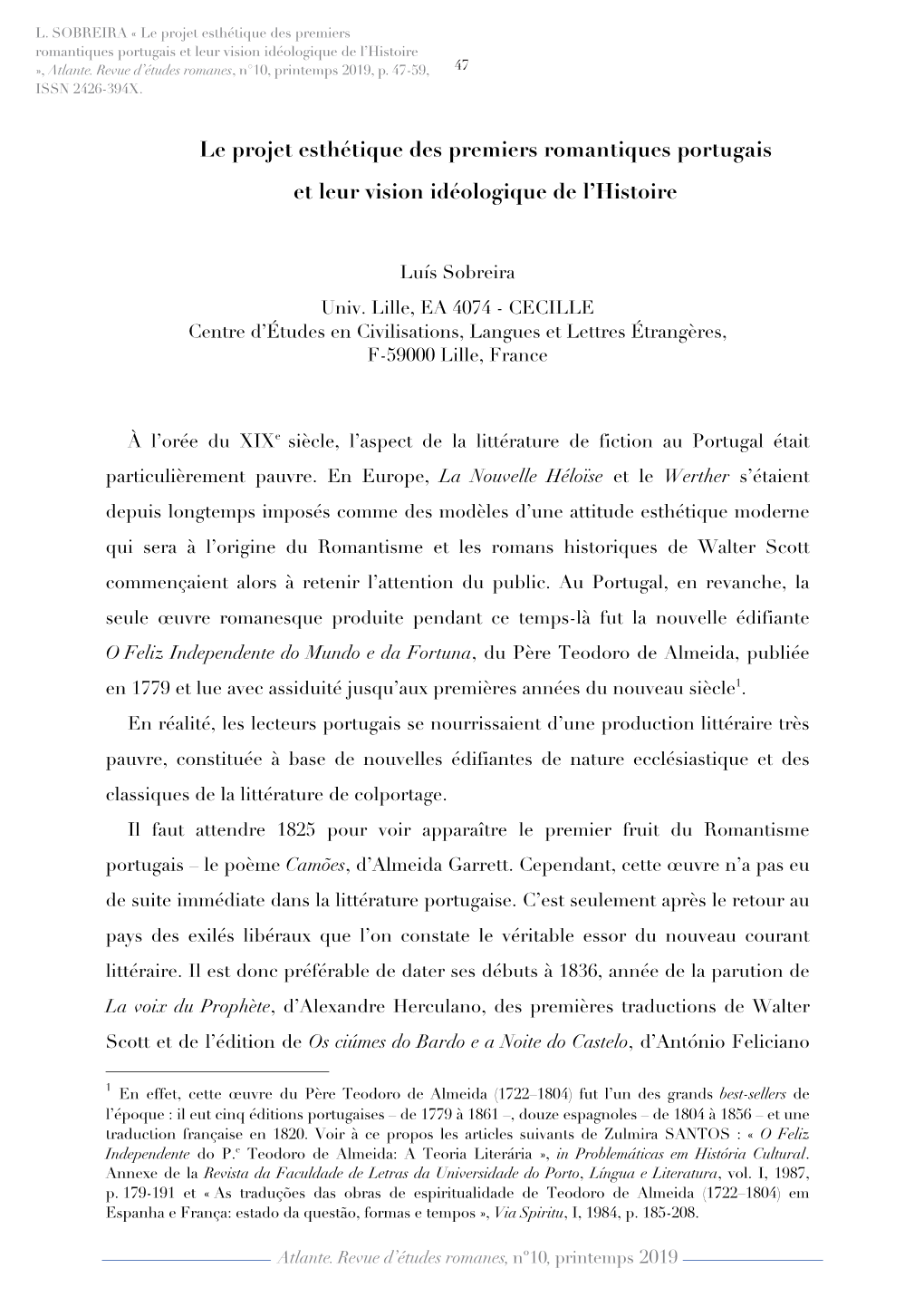 Le Projet Esthétique Des Premiers Romantiques Portugais Et Leur Vision Idéologique De L’Histoire », Atlante