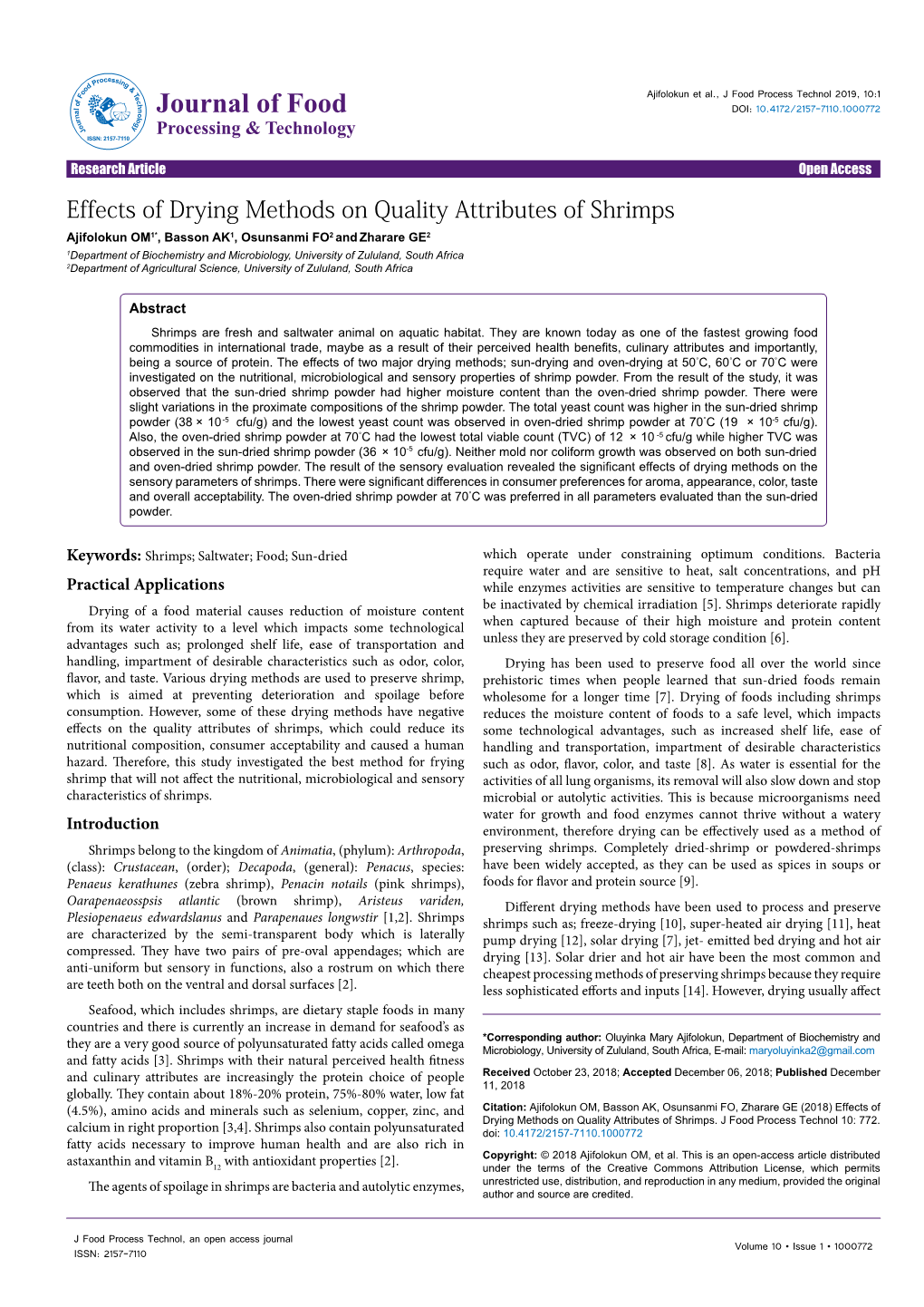 Effects of Drying Methods on Quality Attributes of Shrimps