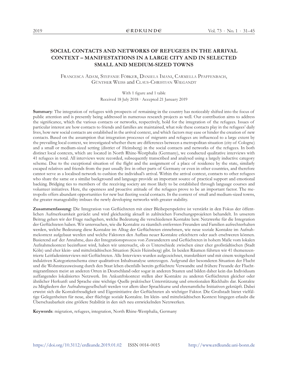 Social Contacts and Networks of Refugees in the Arrival Context – Manifestations in a Large City and in Selected Small and Medium-Sized Towns