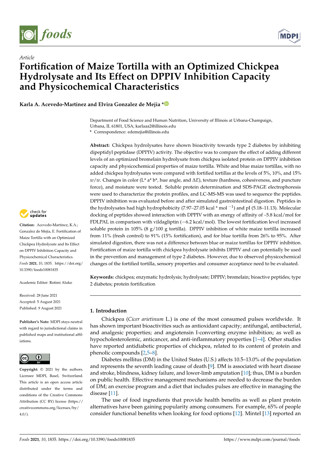 Fortification of Maize Tortilla with an Optimized Chickpea Hydrolysate