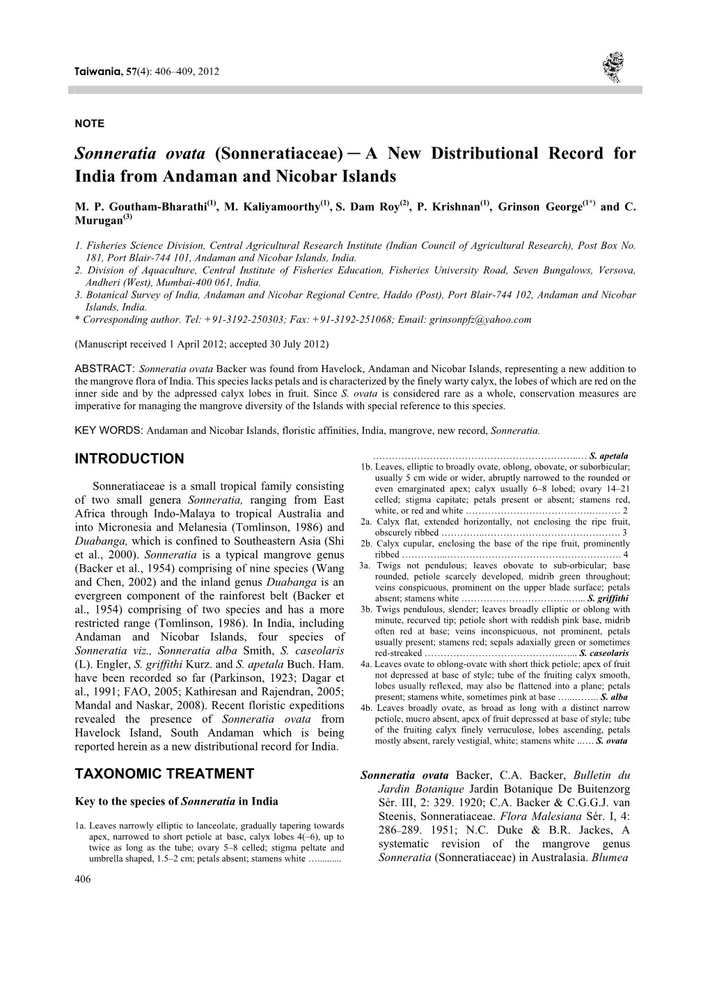 Sonneratia Ovata (Sonneratiaceae)－A New Distributional Record for India from Andaman and Nicobar Islands