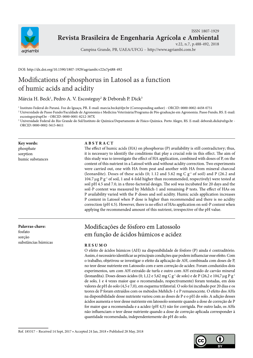 Modifications of Phosphorus in Latosol As a Function of Humic Acids and Acidity Márcia H