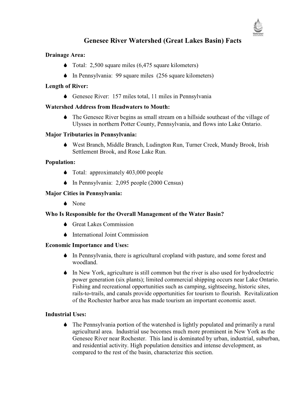 Genesee River Watershed (Great Lakes Basin) Facts